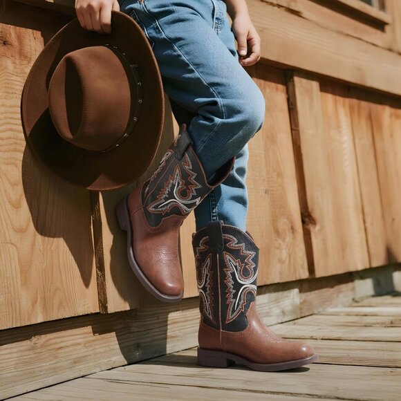 ⚡Girls Black Brown Cowboy Boots Toddler Mid Calf Western Square Toe Riding Boot - Picture 6 of 6